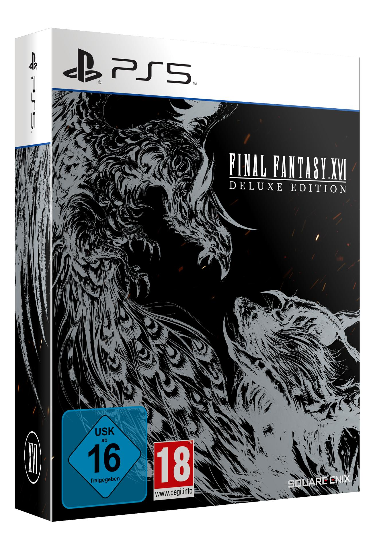 PS5-Spielbox, Final Fantasy XVI Deluxe Edition, mit weißem und schwarzem Design.