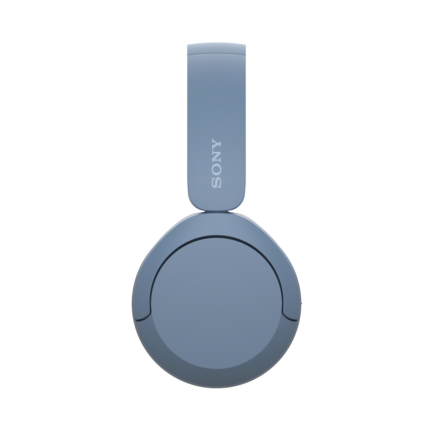Een paar lichtblauwe Sony-hoofdtelefoons, van bovenaf gezien. Het Sony-logo staat op de hoofdband.