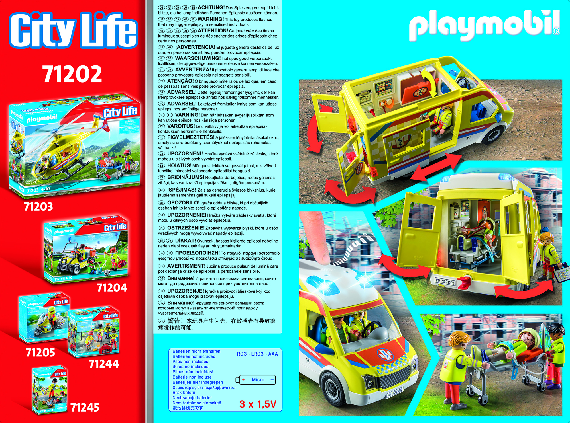 Playmobil City Life Set. Zeigt Hubschrauber, Krankenwagen und verschiedene Figuren und Zubehör.