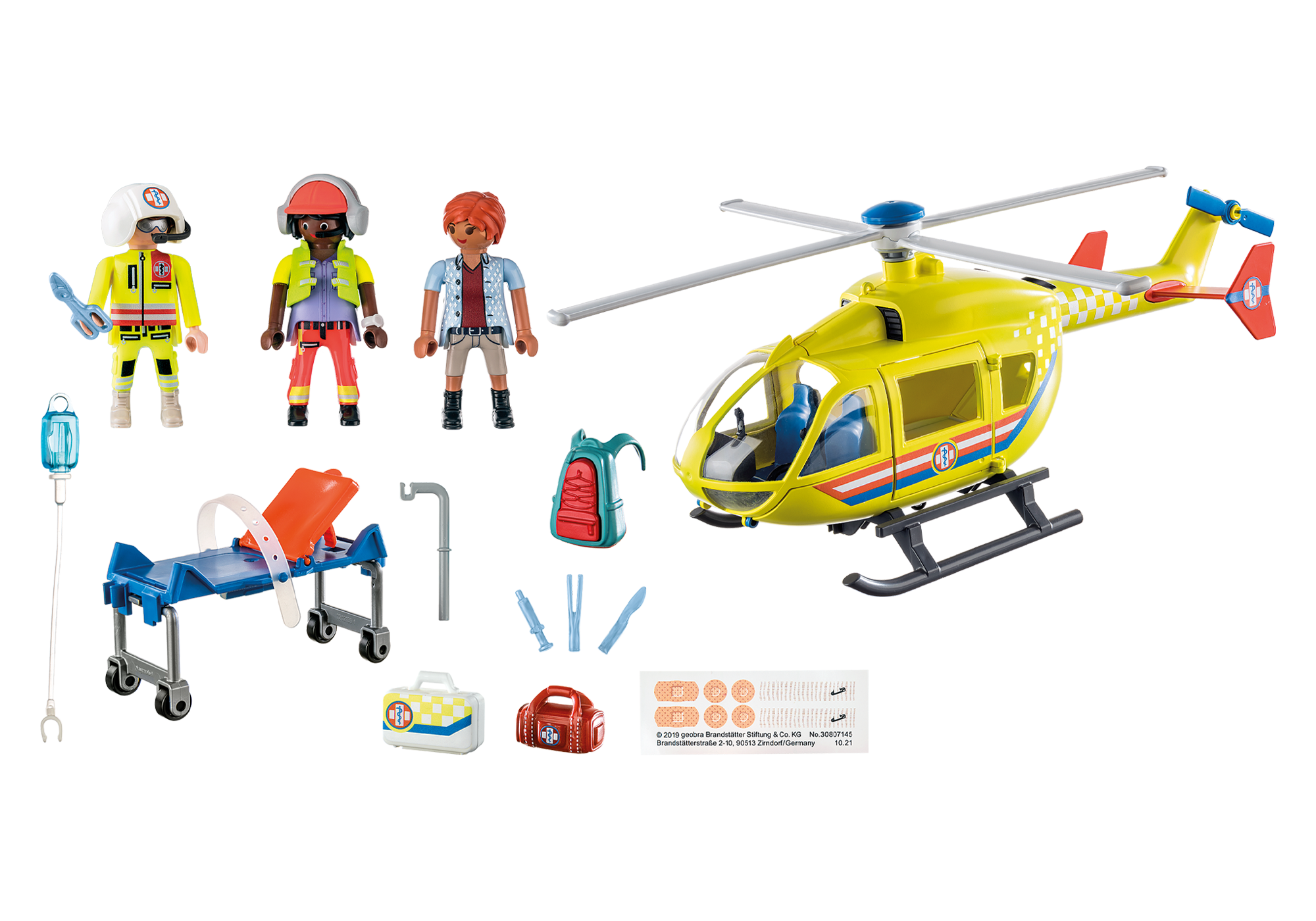 Playmobil-Set mit Figuren, Hubschrauber, medizinischer Ausrüstung und einer Trage.