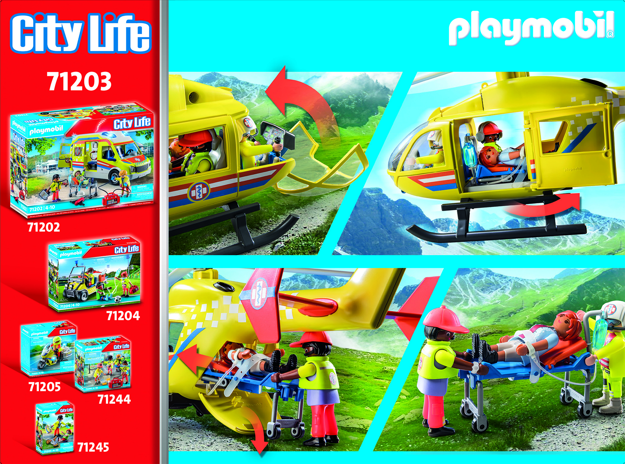 Playmobil-Spielzeugwerbung mit Illustrationen eines Hubschraubers und anderen City Life-Spielzeugen.
