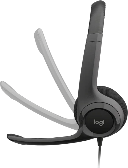 Sötétszürke headset rugalmas mikrofonnal, 'logi' logóval.