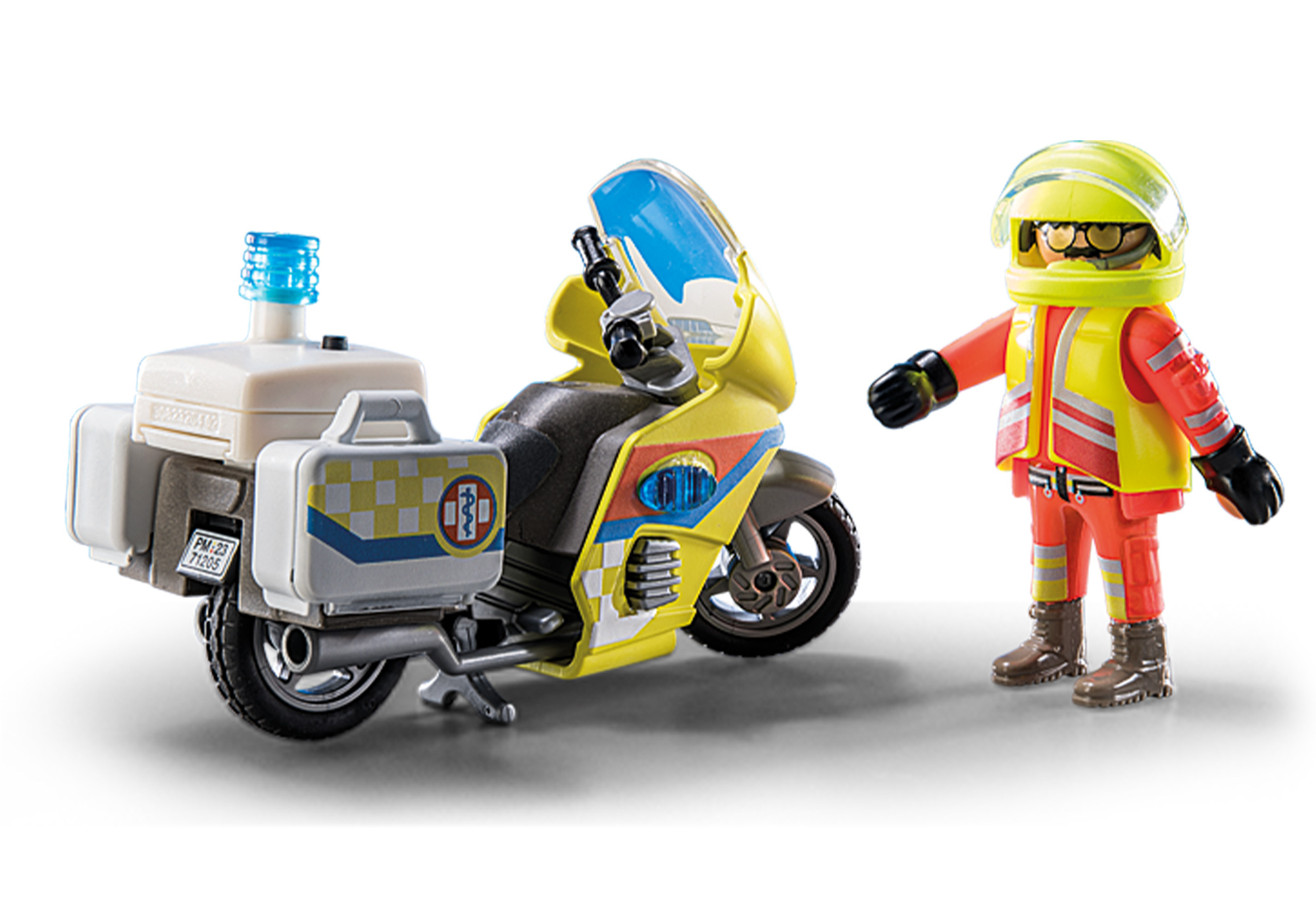 Ein Spielzeug-Ambulanzmotorrad und eine Feuerwehrfigur stehen vor weißem Hintergrund, bereit für den Einsatz.