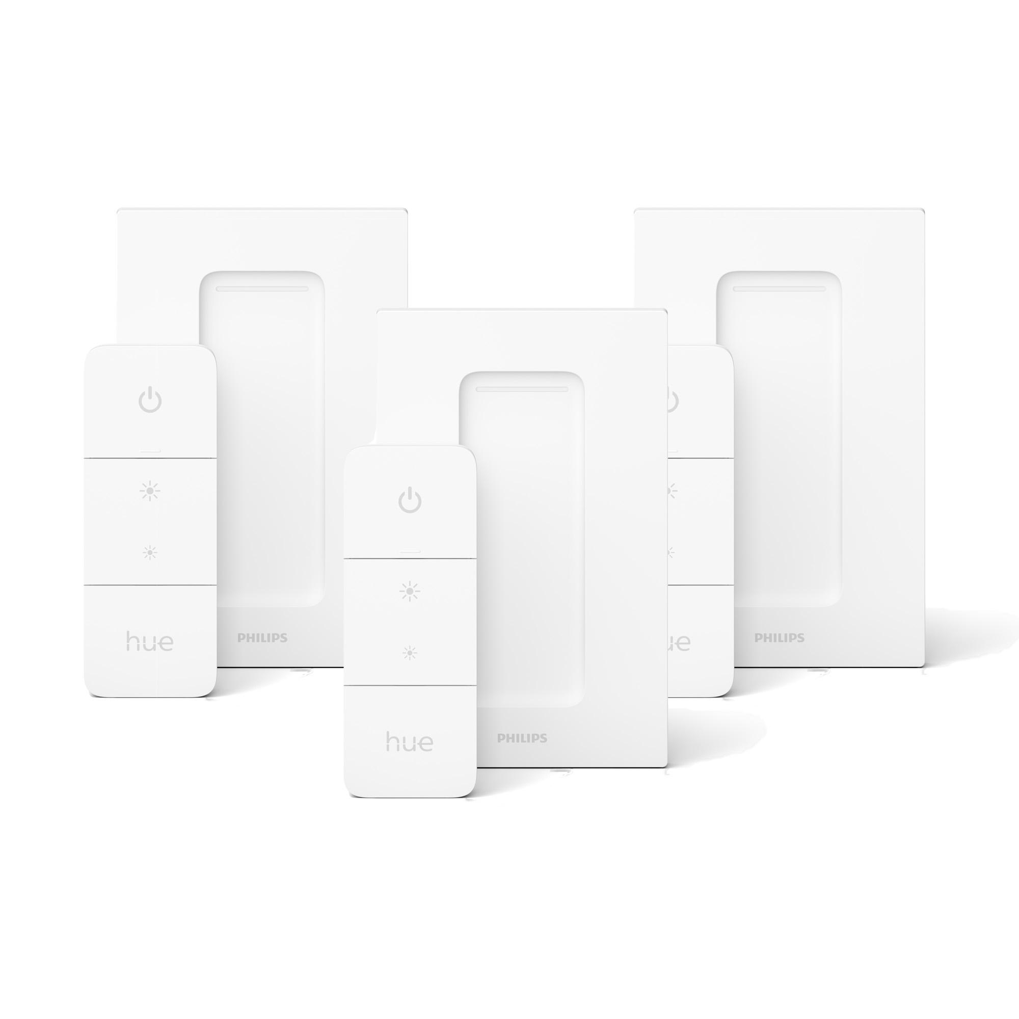 Weiße Philips Hue Smart-Lichtschalter und Fernbedienung. Mehrere Sets dieser Artikel.