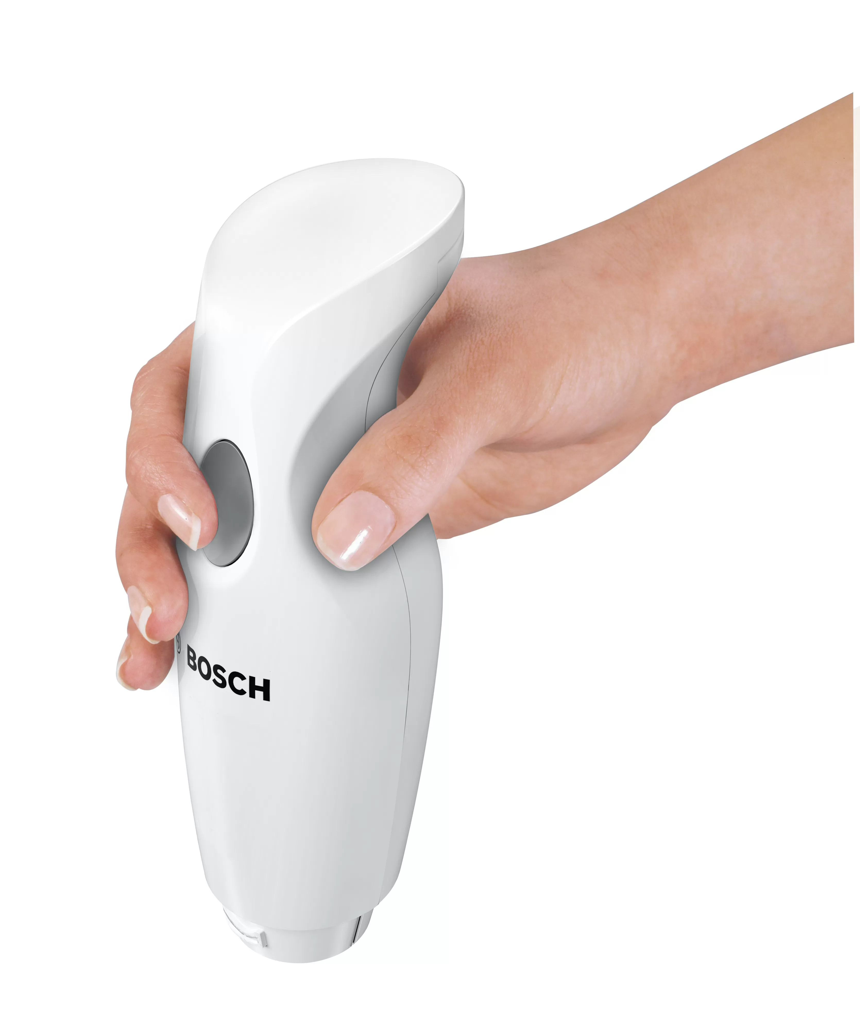Egy fehér botmixer, amelyet egy kéz tart egy szürke gombbal és a BOSCH szóval.