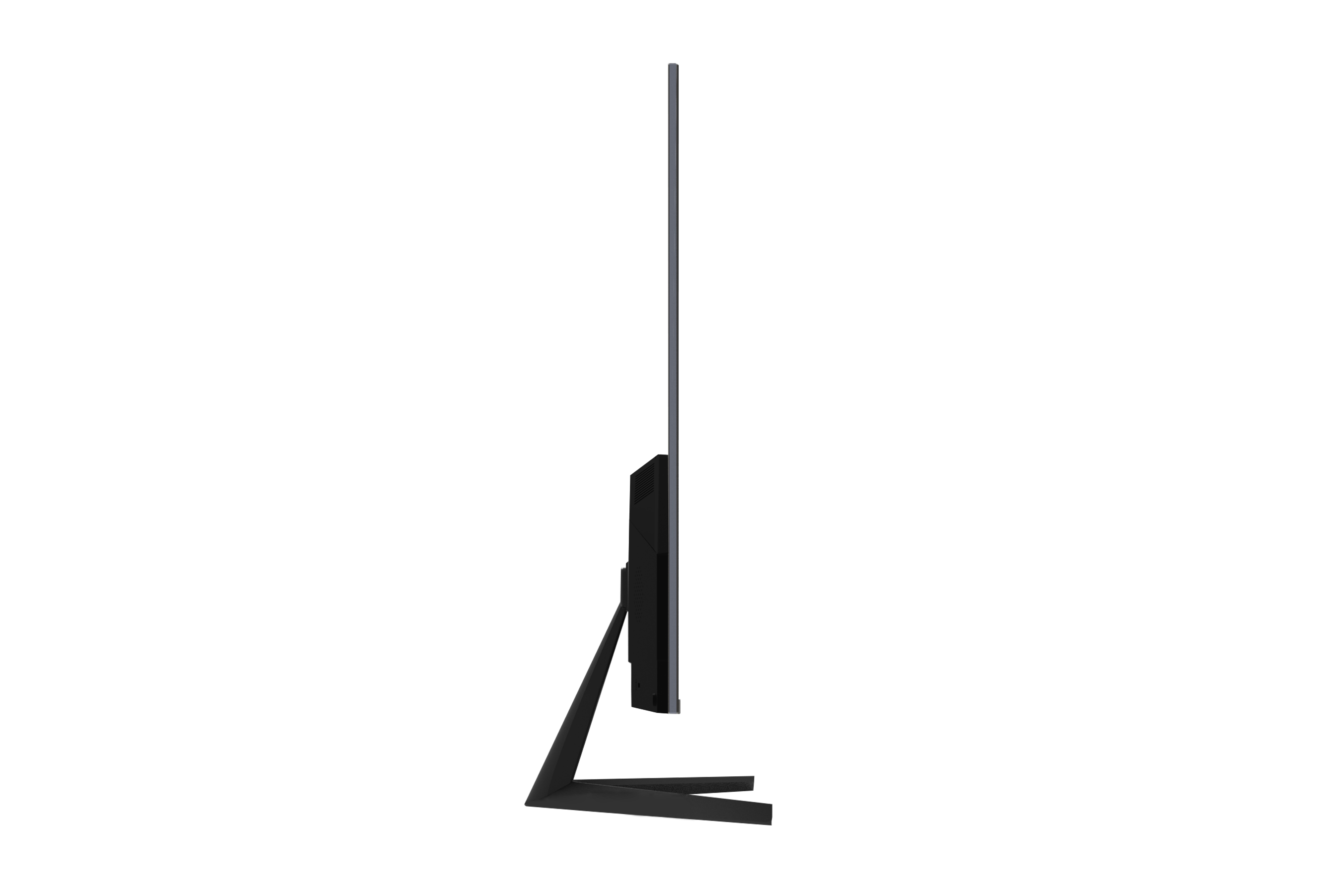 Seitenansicht eines dünnen, schwarzen Monitors mit Ständer, vor schwarzem Hintergrund.
