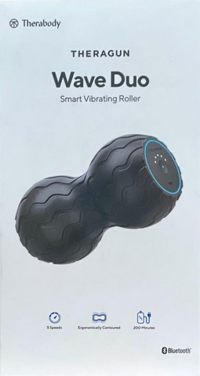 Schwarze Theragun Wave Duo Smart Vibrationsrolle Verpackung, weißer Hintergrund.