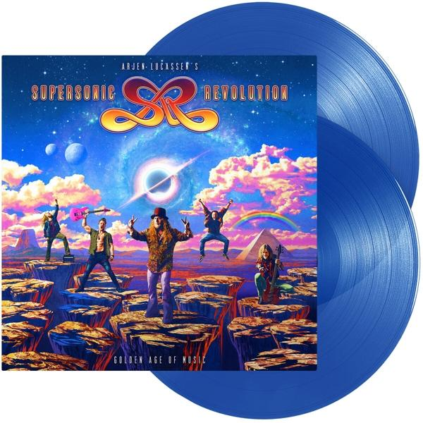 Arjen Lucassen Supersonic Revolution album borítója, figurákkal és kék bakelitekkel.