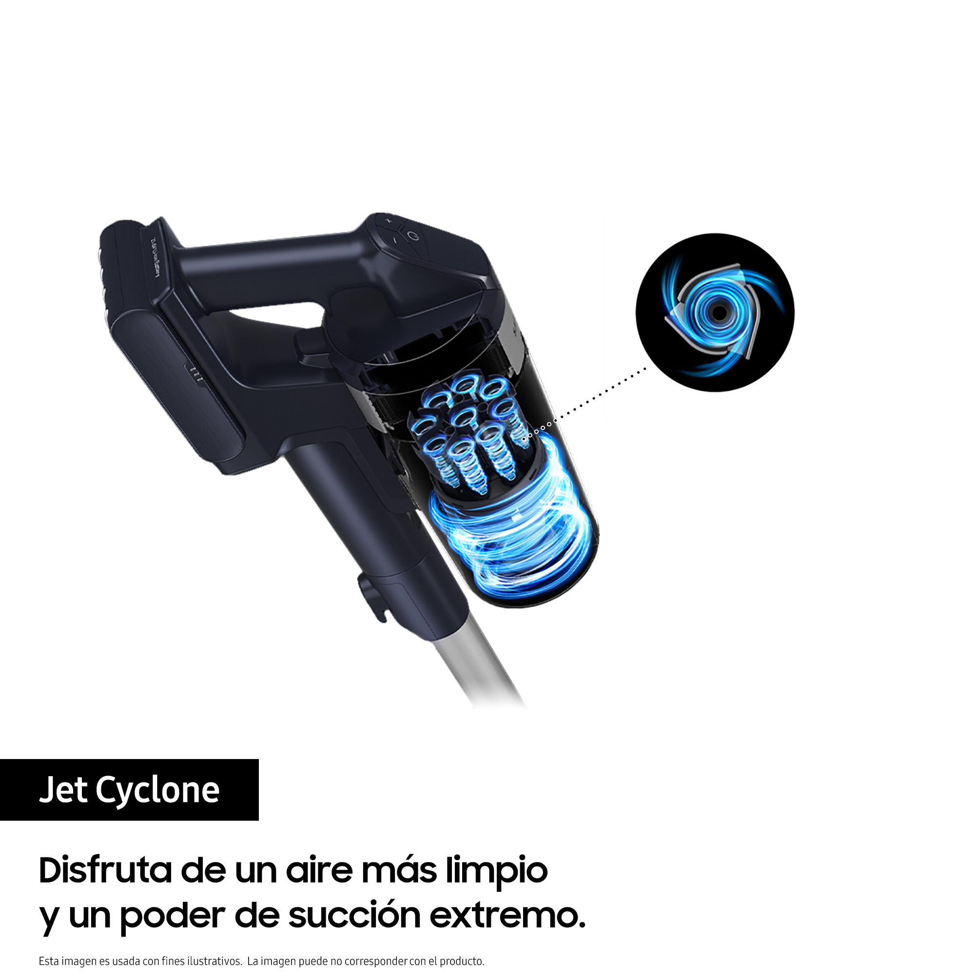 Una aspiradora negra y azul oscuro, con un diagrama detallado de su funcionamiento interno.