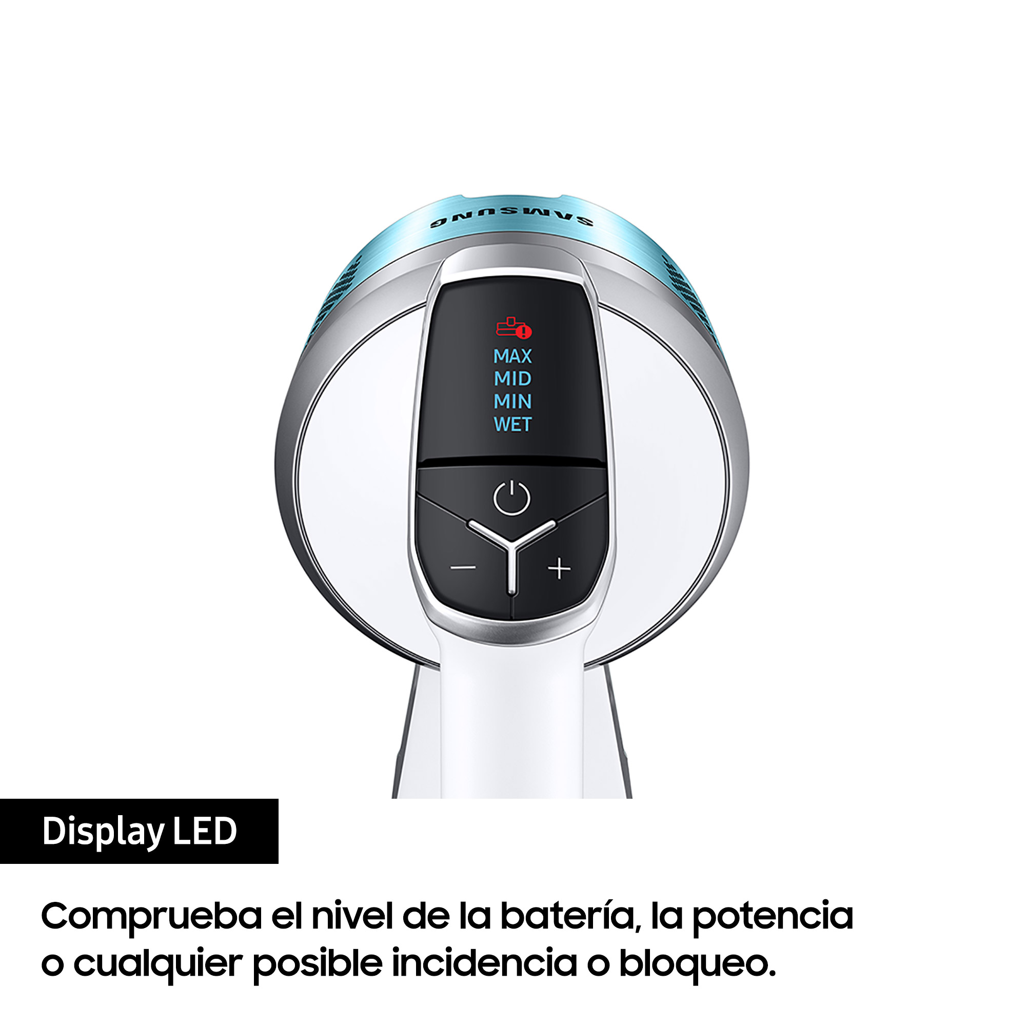Primer plano del panel de control de un dispositivo, negro con detalles blancos, mostrando niveles de batería y botones.