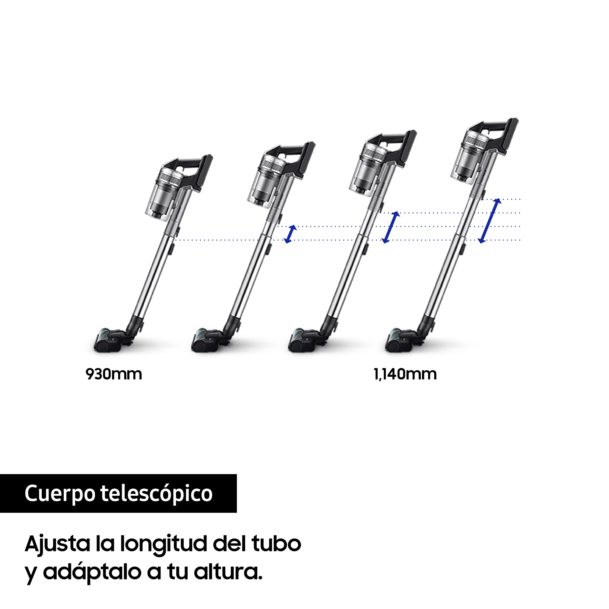 Cuatro cuerpos de aspiradora con tubos telescópicos ajustables. Texto en español.