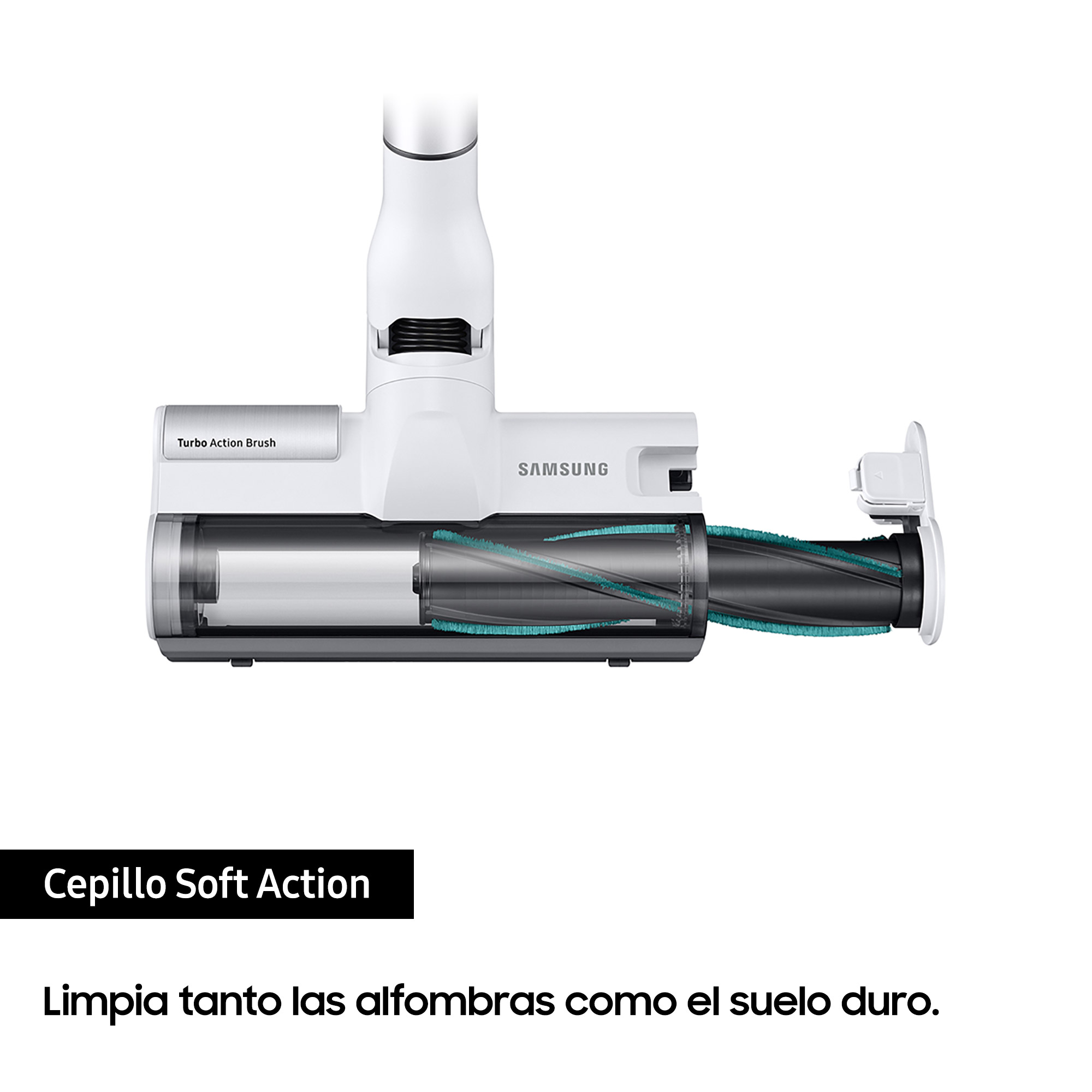 Un cabezal de aspiradora blanco y negro con cepillo giratorio, y el texto 'Cepillo Soft Action'.