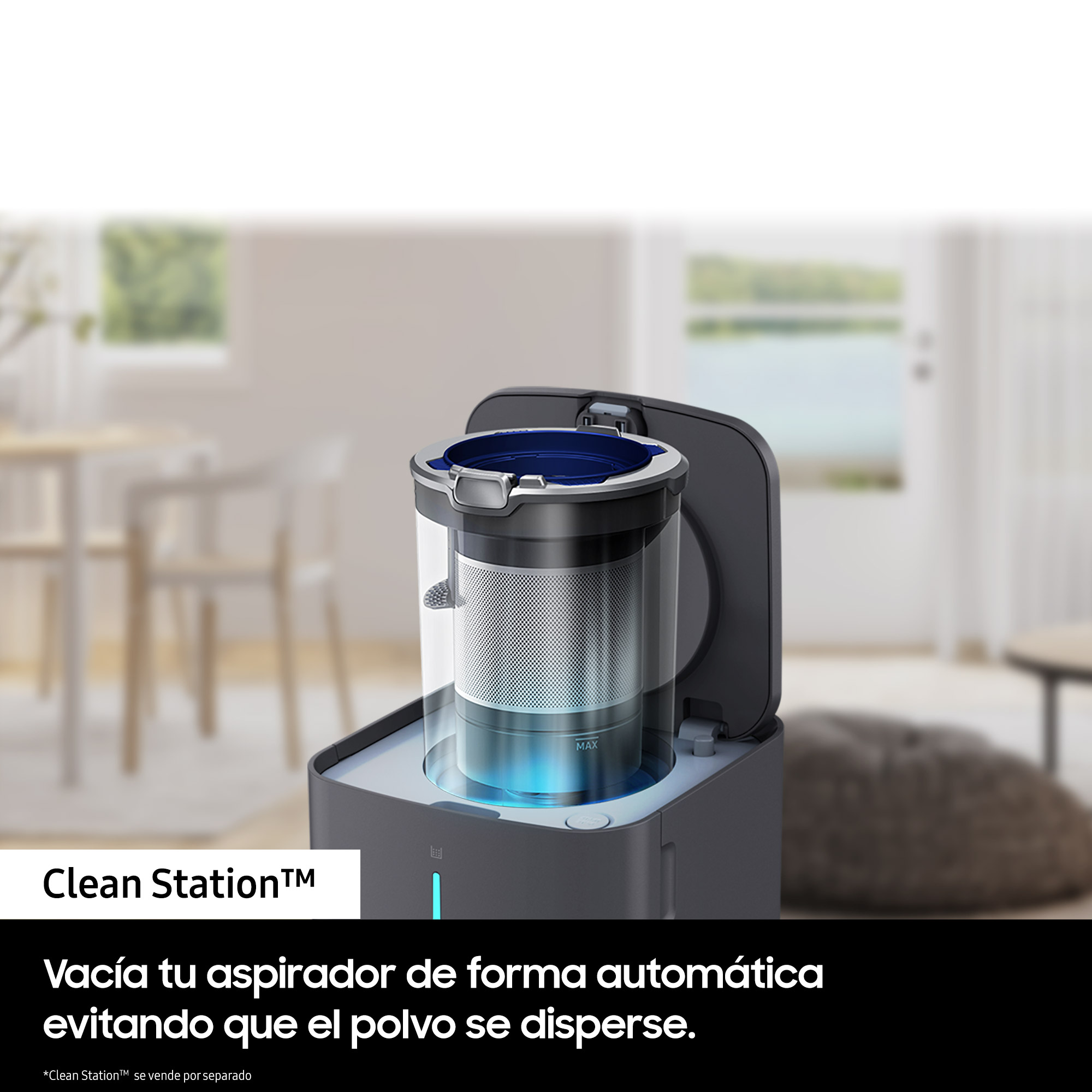Primer plano del contenedor de polvo de una aspiradora. Texto: 'Clean Station' y descripción.