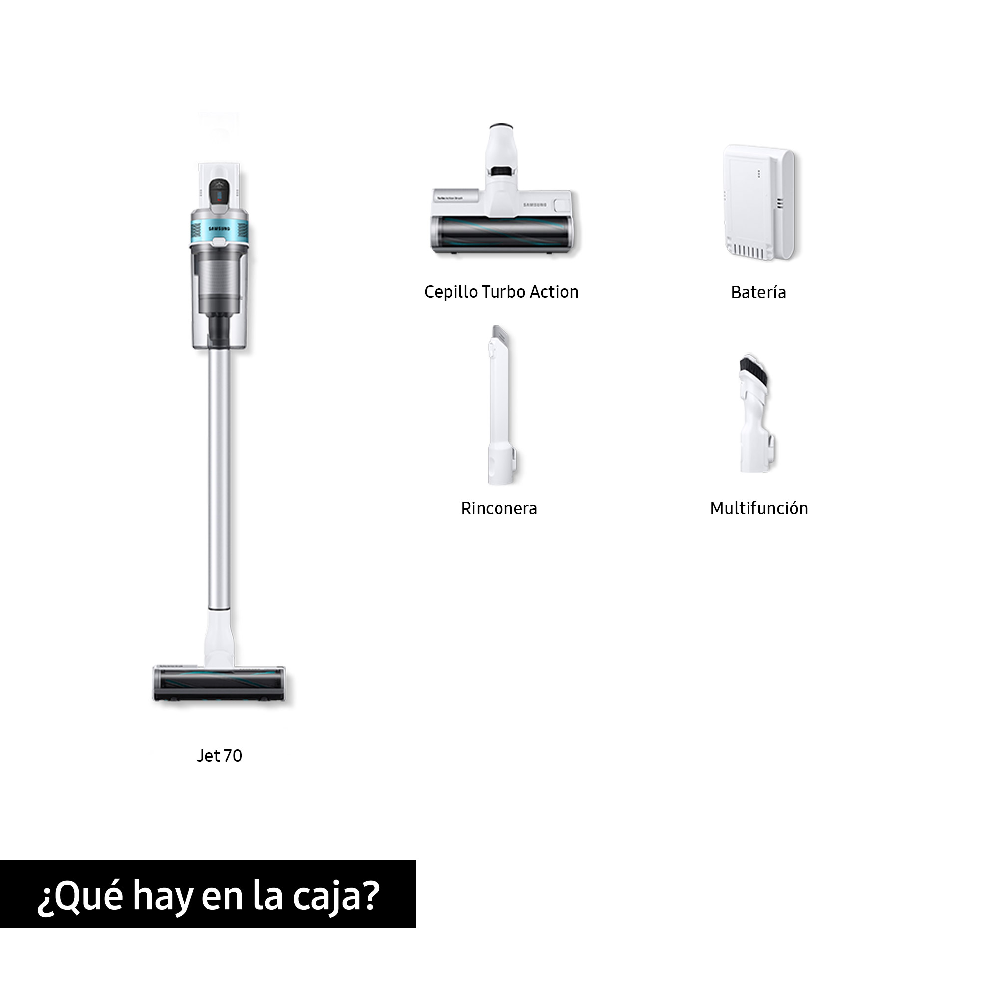 Aspiradora y accesorios sobre fondo blanco.