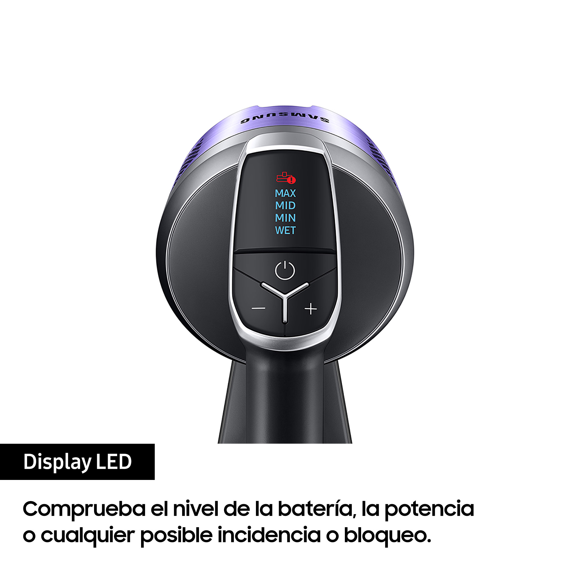 Pantalla de aspiradora mostrando nivel de batería, ajustes de energía y botones.