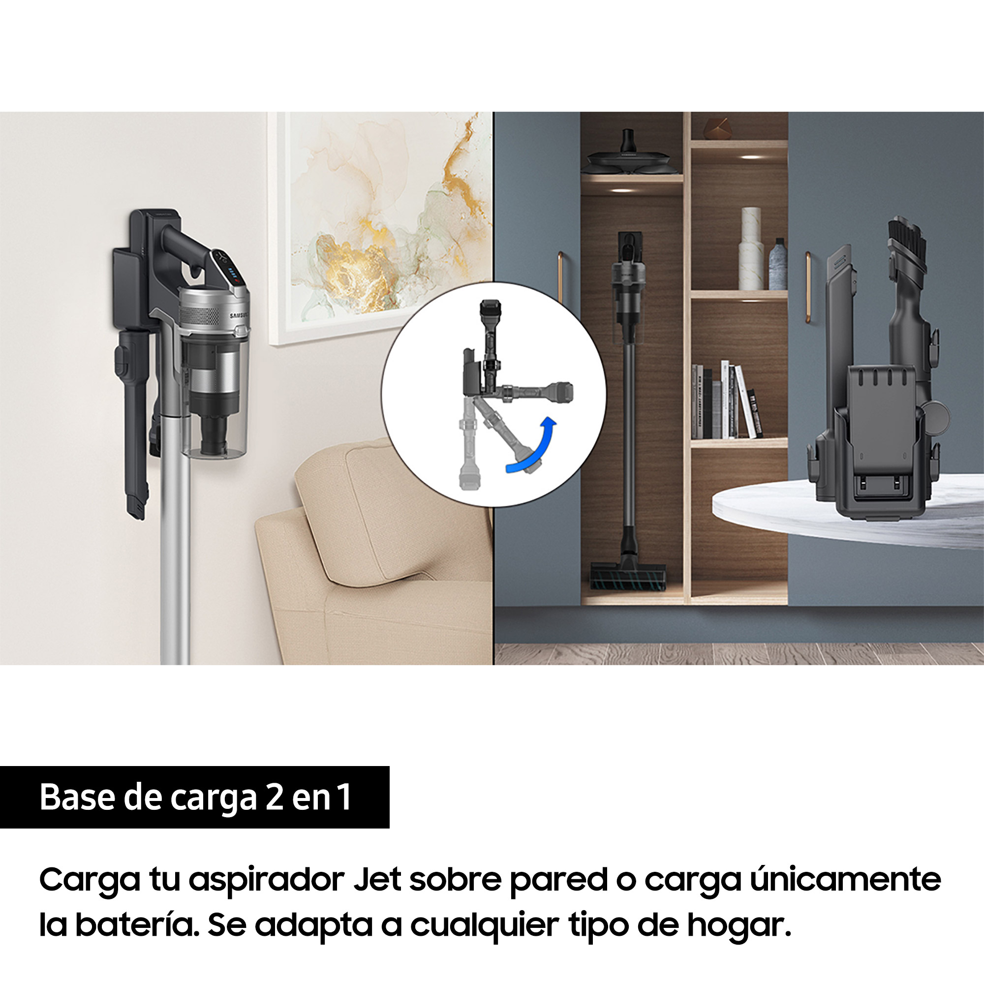 Una imagen dividida que muestra una aspiradora inalámbrica y su estación de carga.