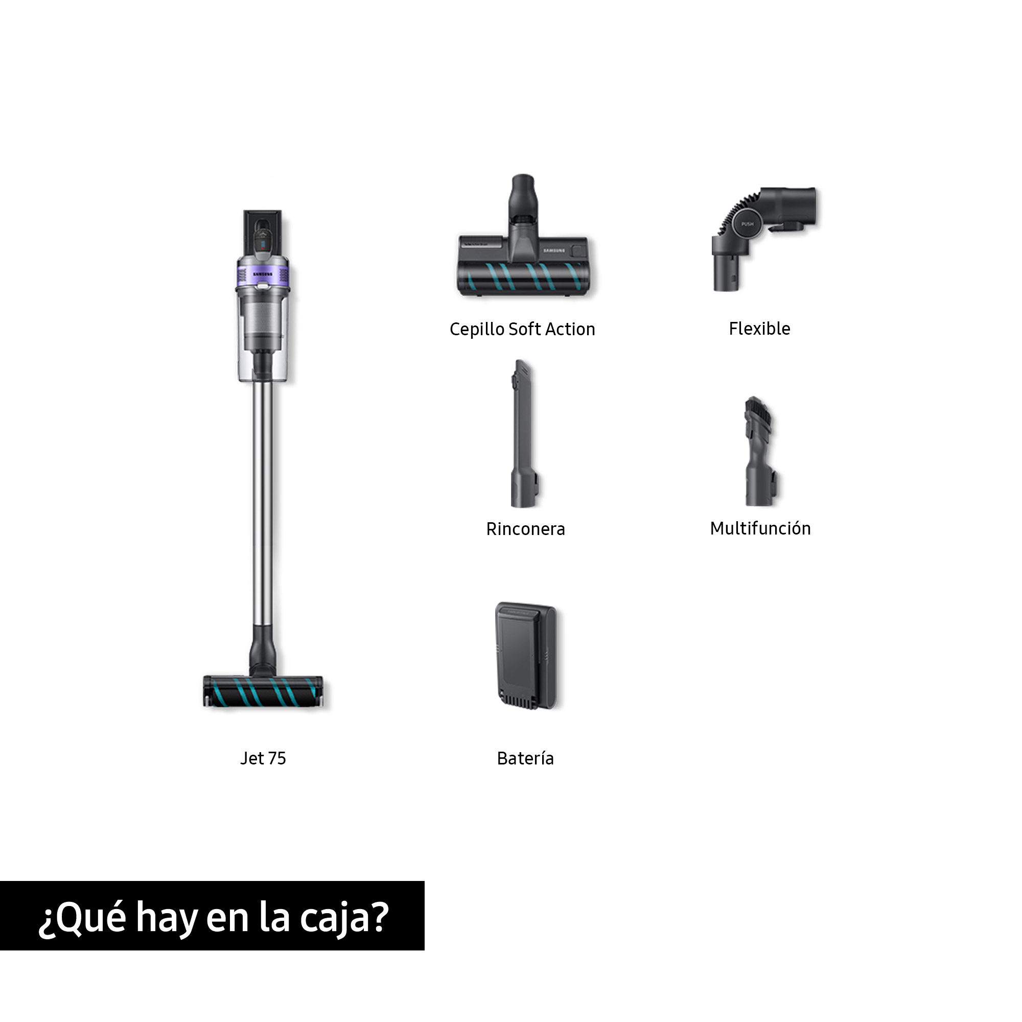 Una imagen que muestra una aspiradora inalámbrica y sus componentes, etiquetados en español.