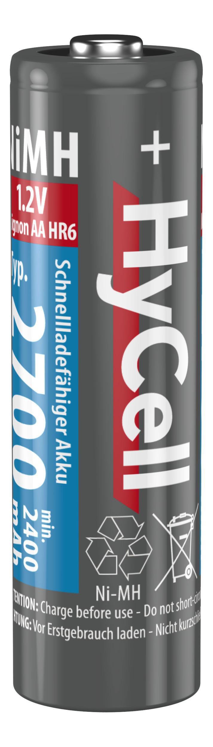 Eine zylindrische, graue Hycell AA-Batterie mit weißem und blauem Text und einem Recyclingsymbol.