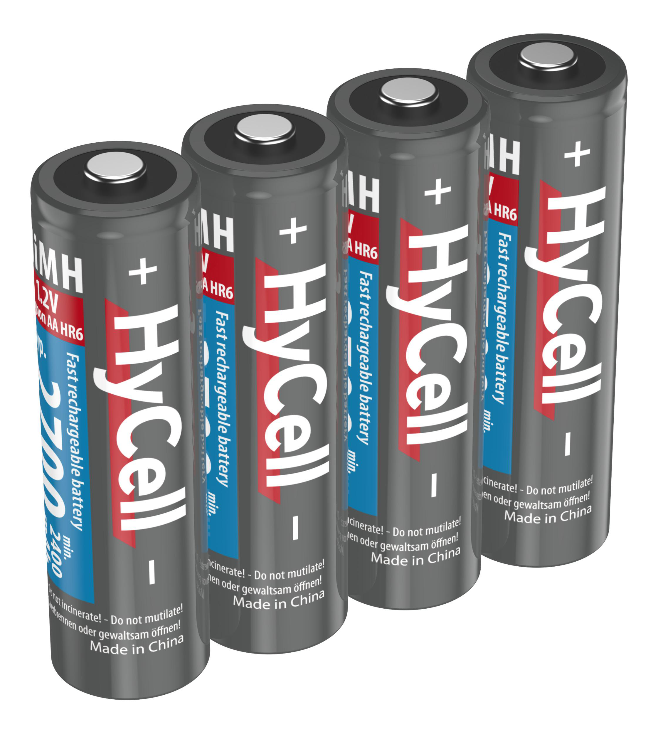 Vier wiederaufladbare HyCell AA-Batterien. Grau mit weißem und rotem Text.