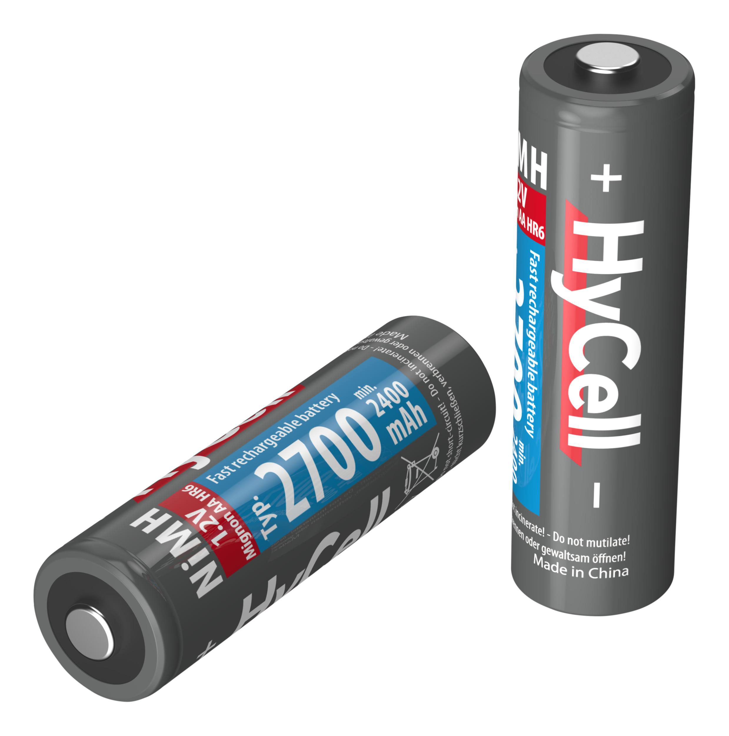 Zwei wiederaufladbare Batterien. Eine liegt, die andere steht. Beide haben einen weißen Hintergrund.