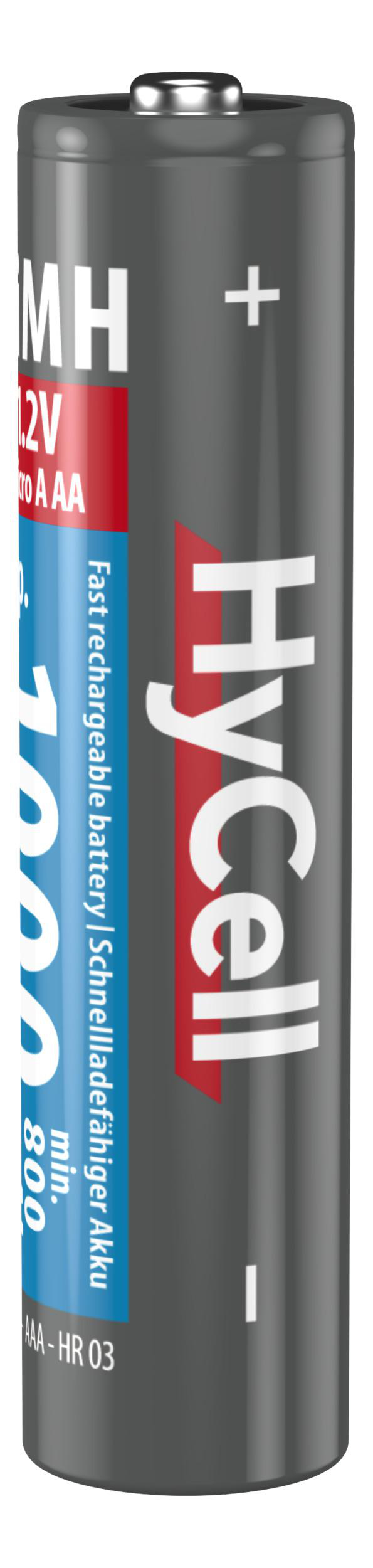 Eine AA HyCell Akku. Sie ist grau mit roten und blauen Etiketten, mit dem Text "1000" bedruckt.