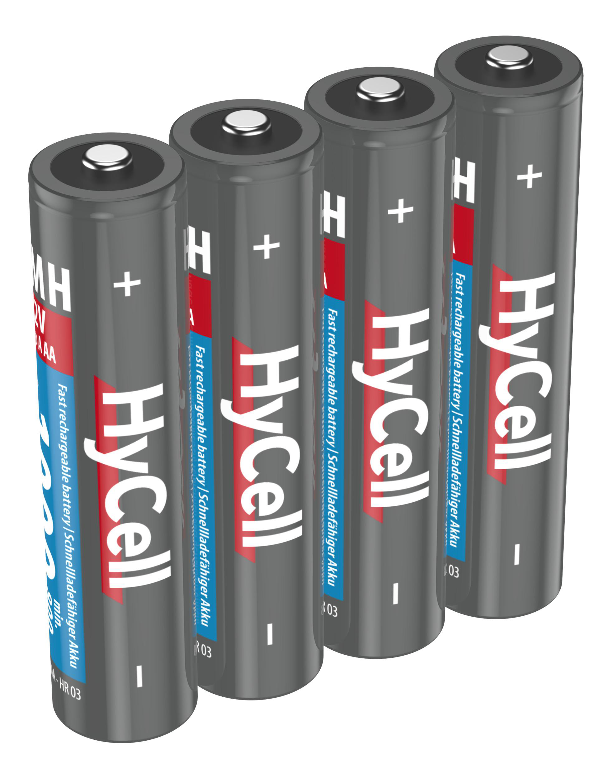 Vier graue HyCell AA-Batterien mit Plus- und Minuszeichen.