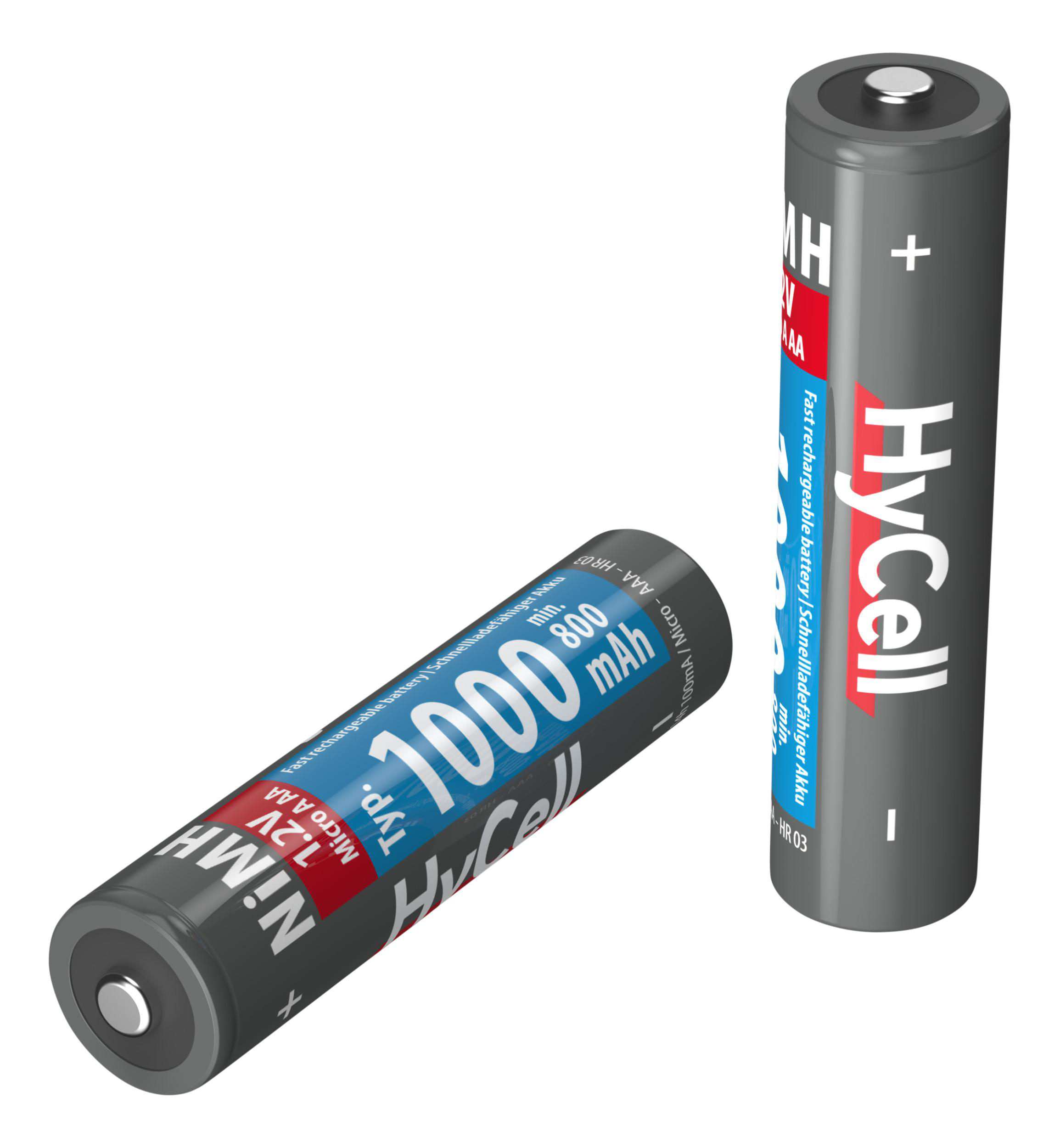 Zwei graue Batterien, eine steht, eine liegt. Weißer Hintergrund.