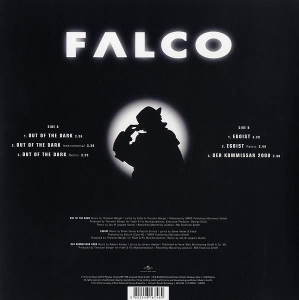 Die Rückseite eines Falco-Albums. Es gibt ein Bild von Falco mit Hut.