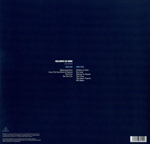 Albumcover mit Songtiteln auf blauem Hintergrund. Enthält Songtitel und ein Logo.