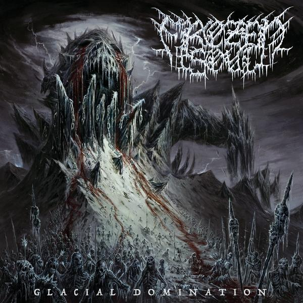 Albumcover: schneebedeckter Berg mit Figuren und Text 'Glacial Domination'.