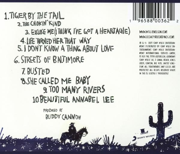 Rückseite eines Musikalbums mit Songtiteln, Cowboy-Illustration und Künstlerinfo.