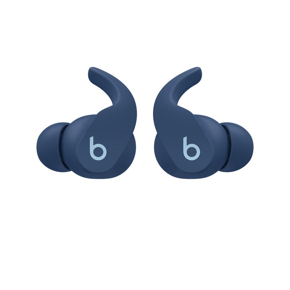 Zwei blaue Beats-Ohrhörer mit dem 'b'-Logo auf schwarzem Hintergrund.