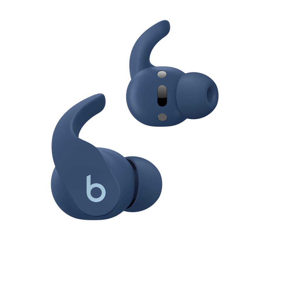 Zwei blaue kabellose Beats-Ohrhörer. Die Ohrhörer befinden sich auf einem schwarzen Hintergrund.