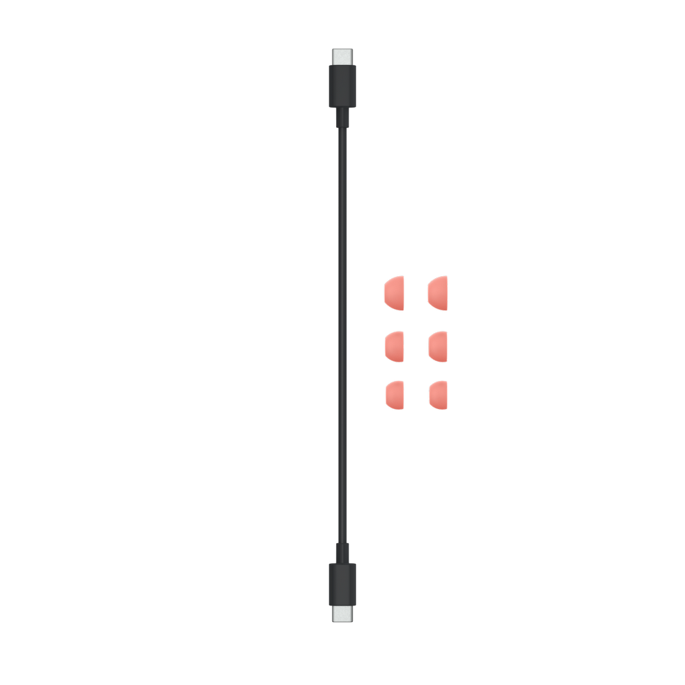 Ein schwarzes Kabel mit USB-C-Anschlüssen und einem Satz rosa Ohrstöpsel auf schwarzem Hintergrund.