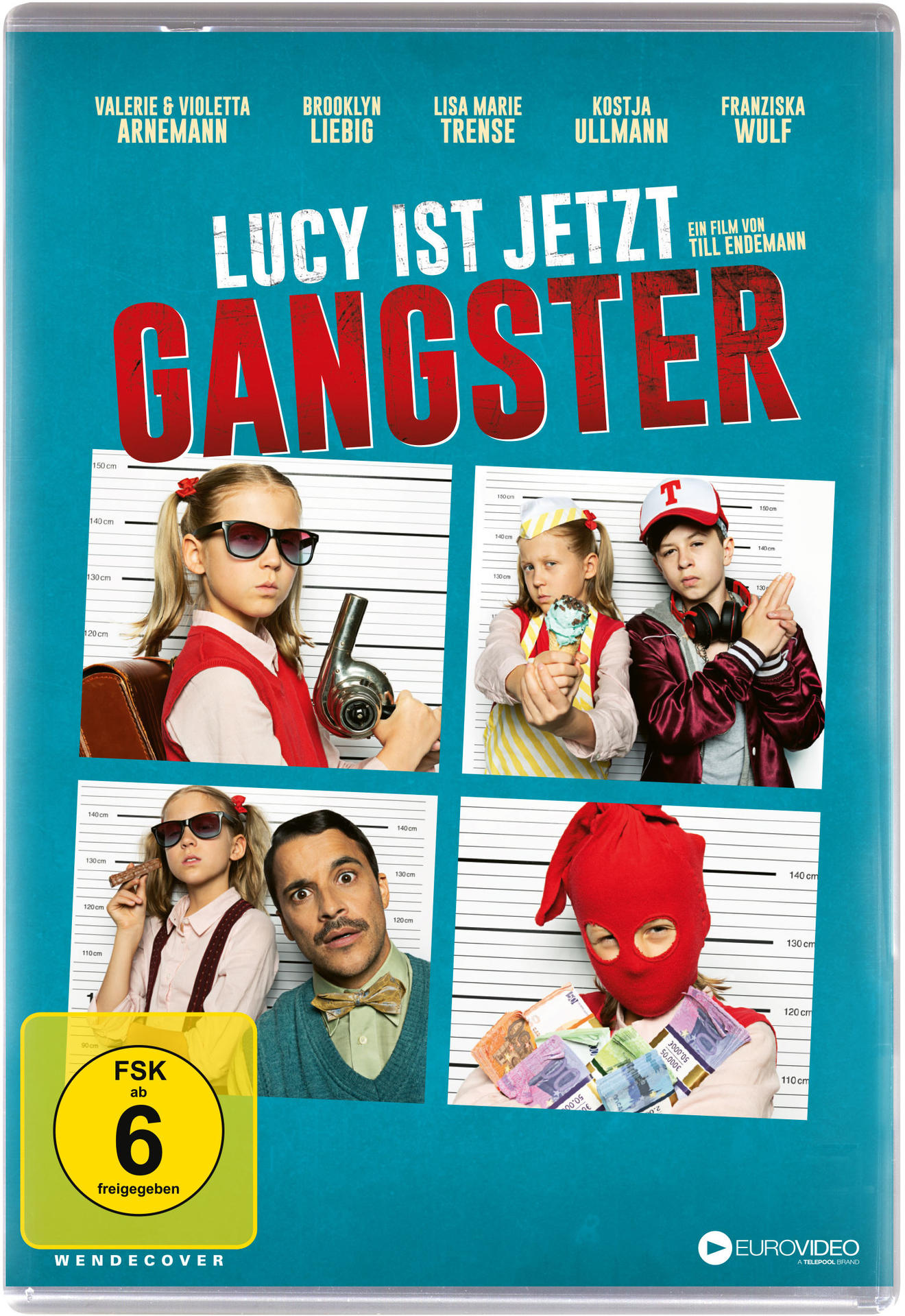 Filmcover: "Lucy ist jetzt Gangster". Kinder als Gangster verkleidet und ein Mann mit Schnurrbart.