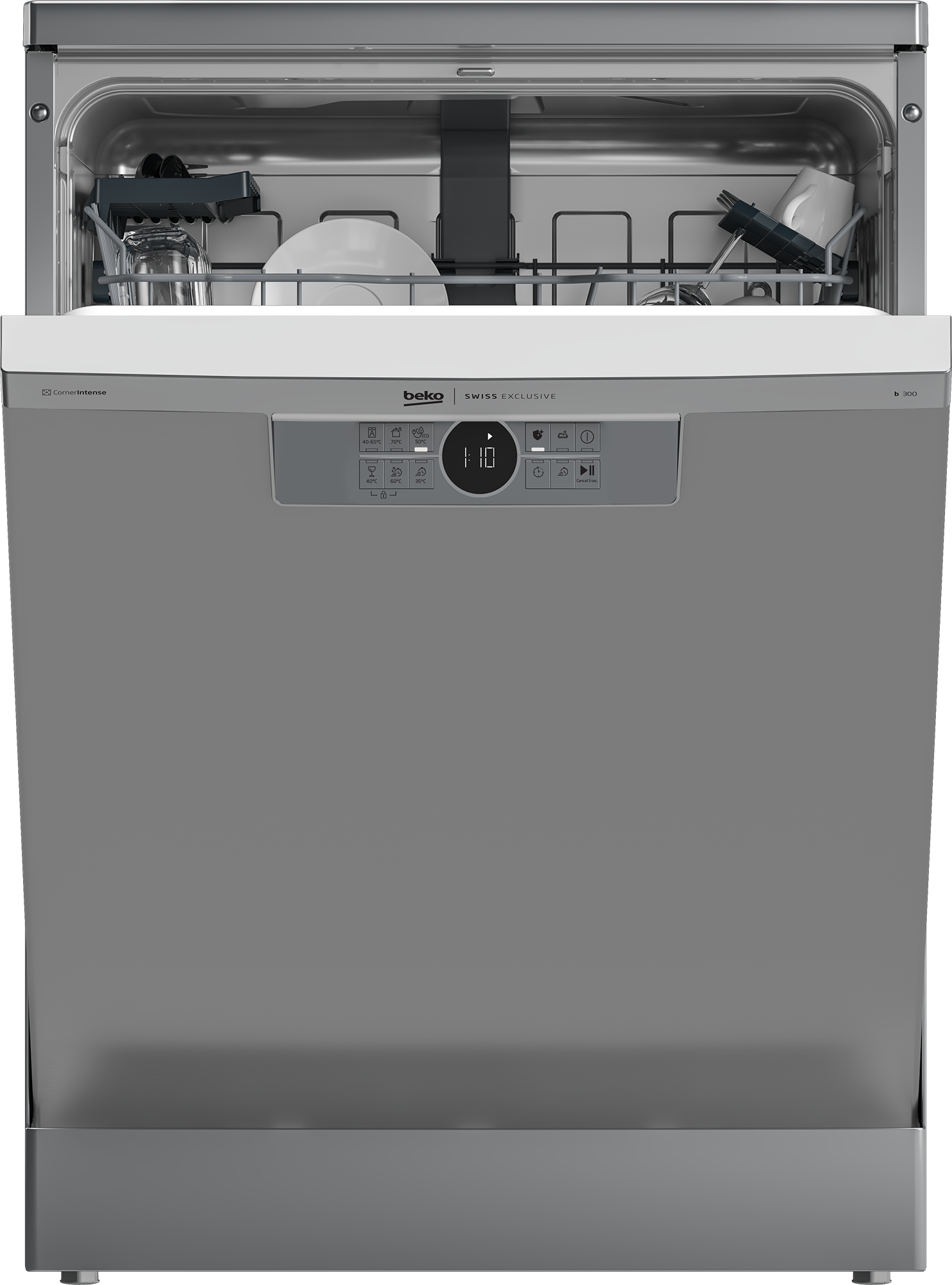 Ein grauer Beko-Geschirrspüler mit geöffneter Tür, der Gestelle und Geschirr zeigt. Knöpfe sind vorne.