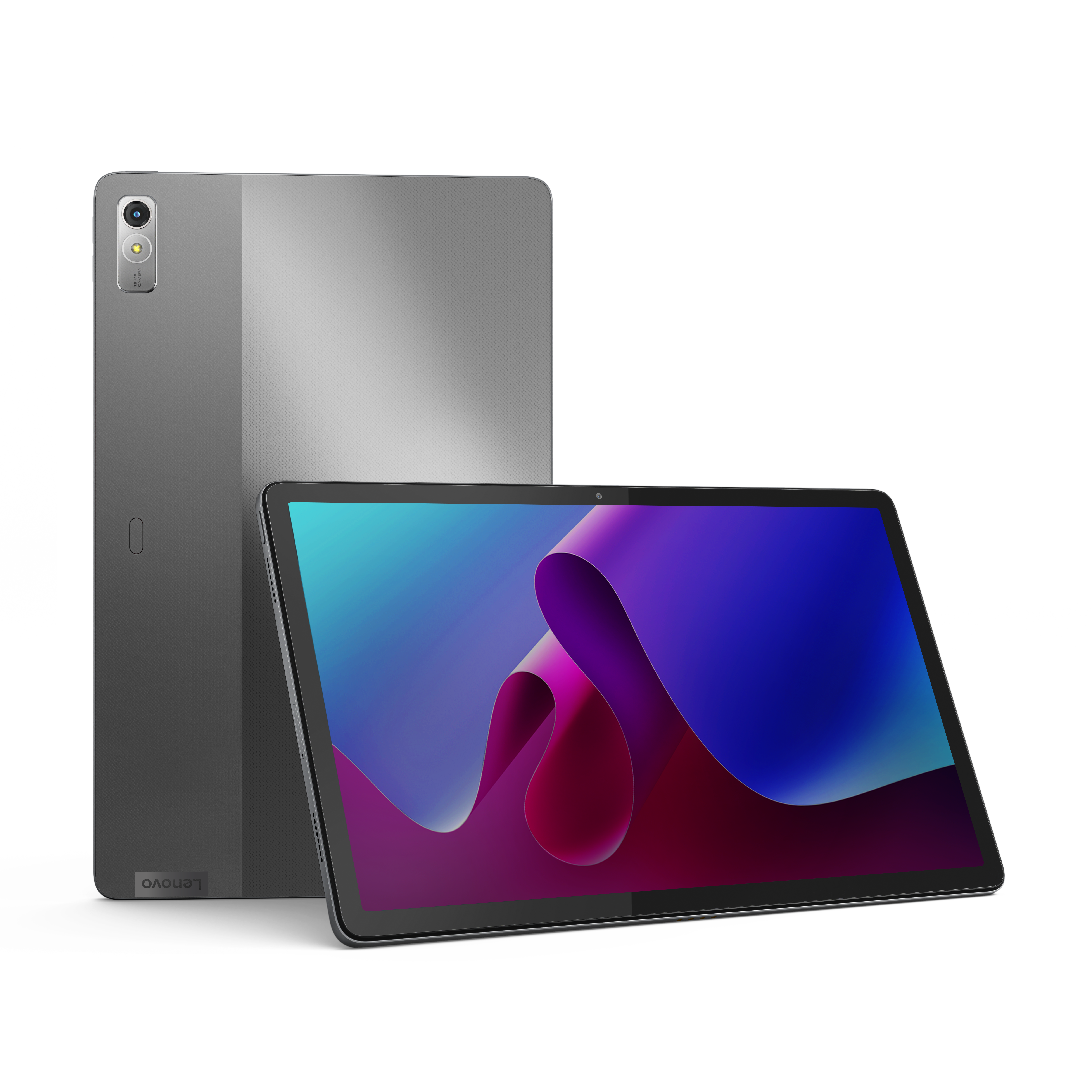 Zwei graue Tablets, eins stehend, eins auf einer flachen Oberfläche. Farbanzeige mit geschwungenen Linien.