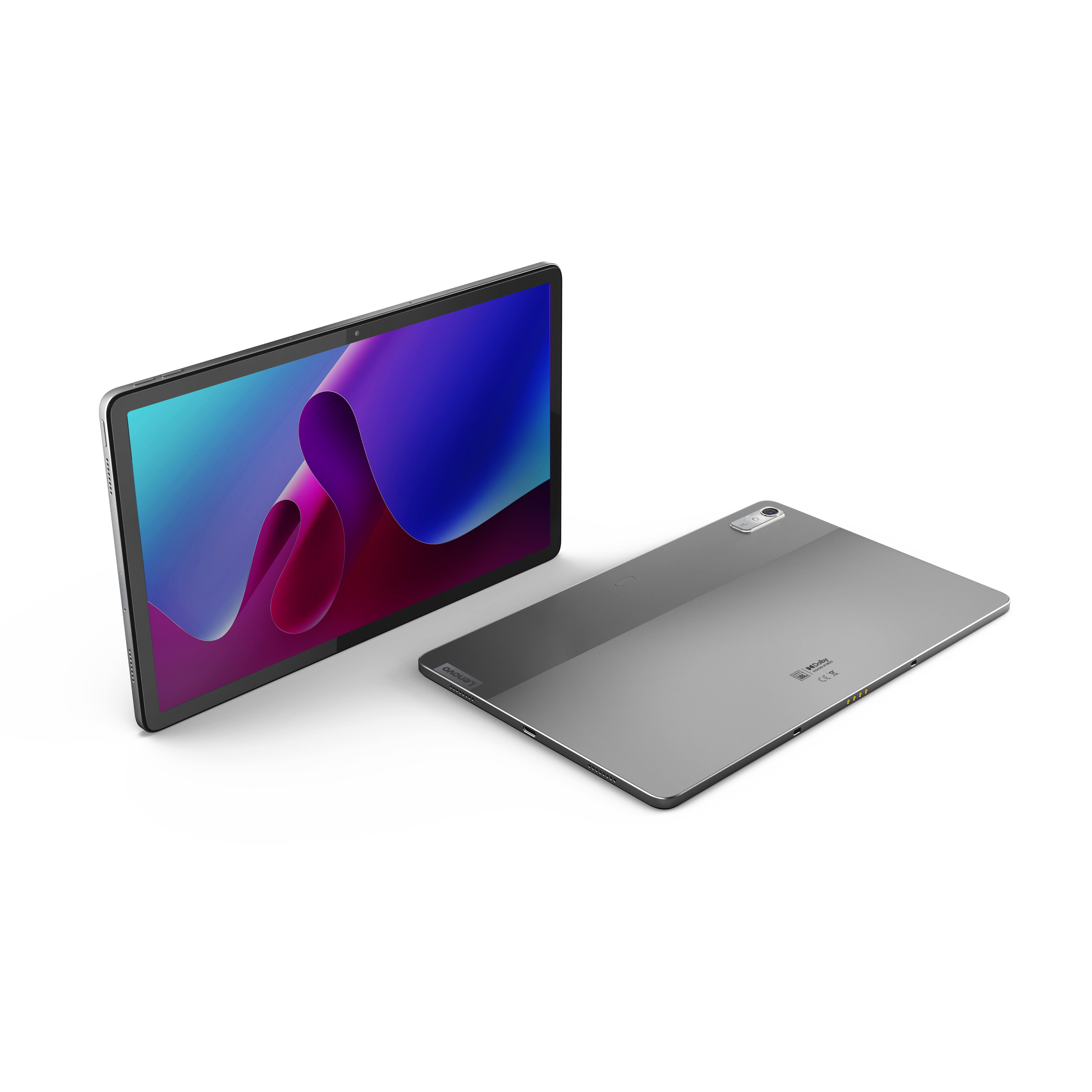 Tablet, das einen Bildschirm mit lila und blauen Farben zeigt. Die Rückseite ist grau.