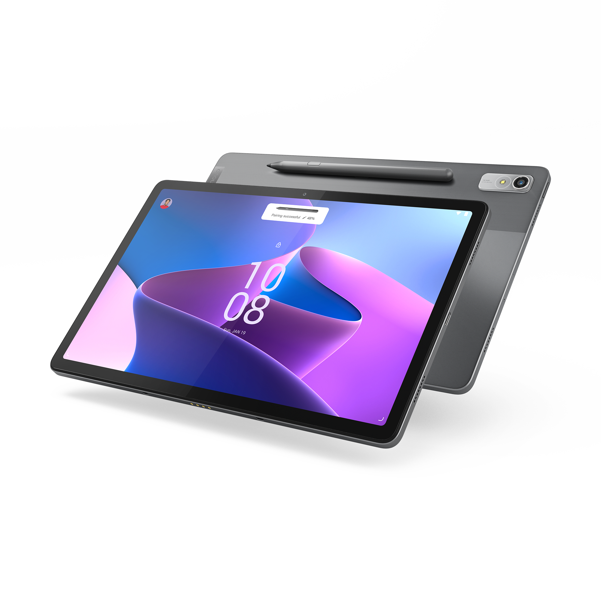 Ein Tablet mit einem Stift oben auf einem anderen Tablet. Beide Tablets haben denselben Bildschirm.