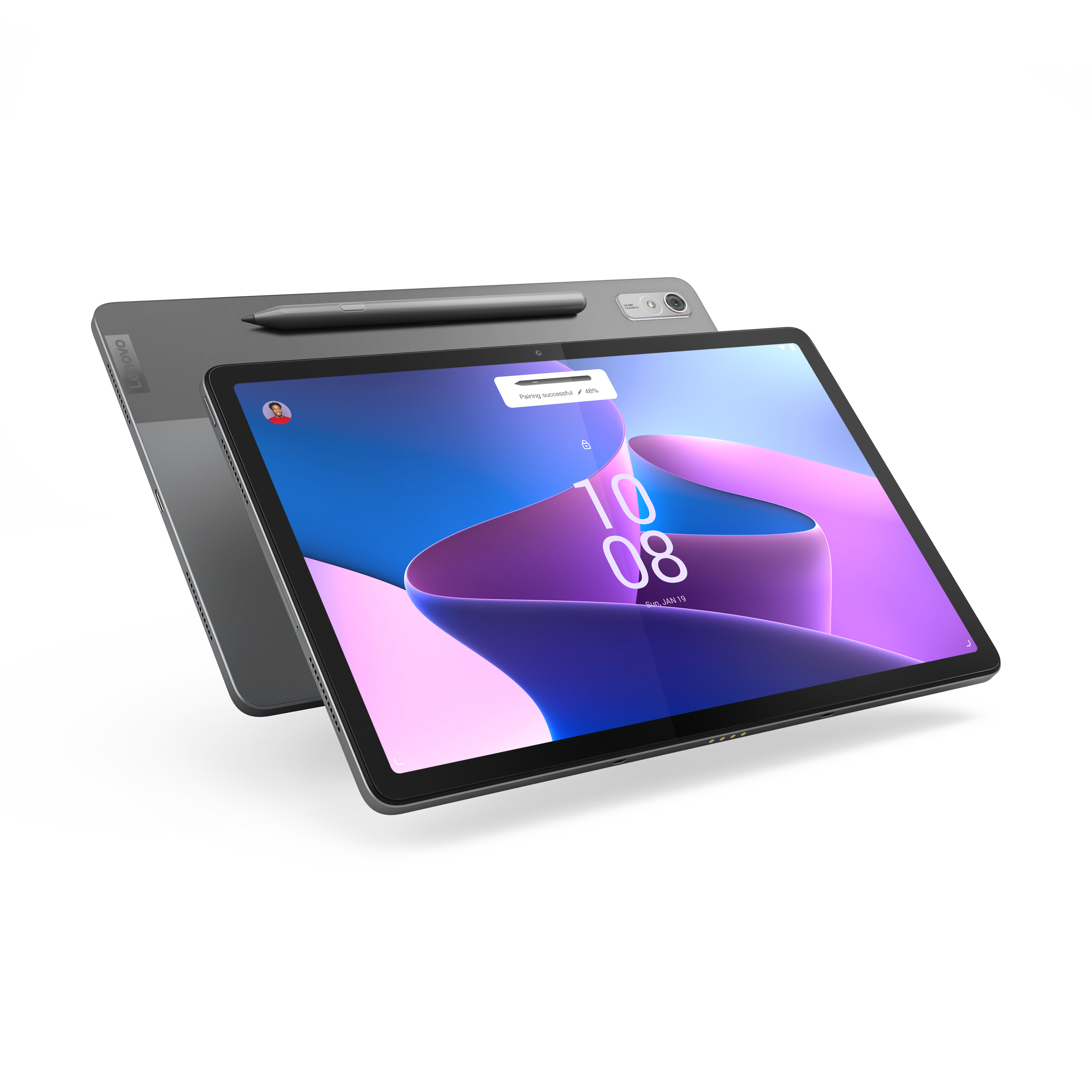 Tablet mit lila und weißer Anzeige. Ein Stift liegt obenauf. Schwarzer Hintergrund.