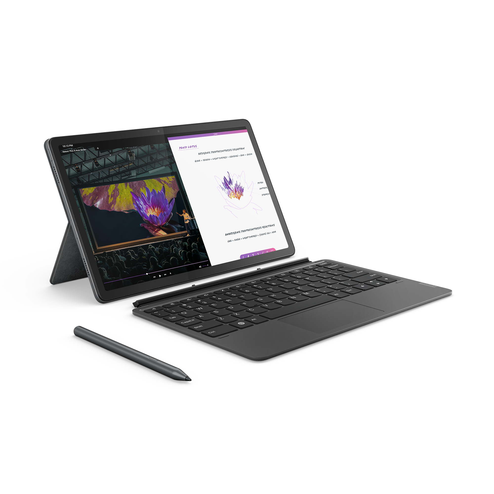 Tablet-Computer mit Tastatur und Stift. Das Tablet zeigt eine lila-themenorientierte Oberfläche.