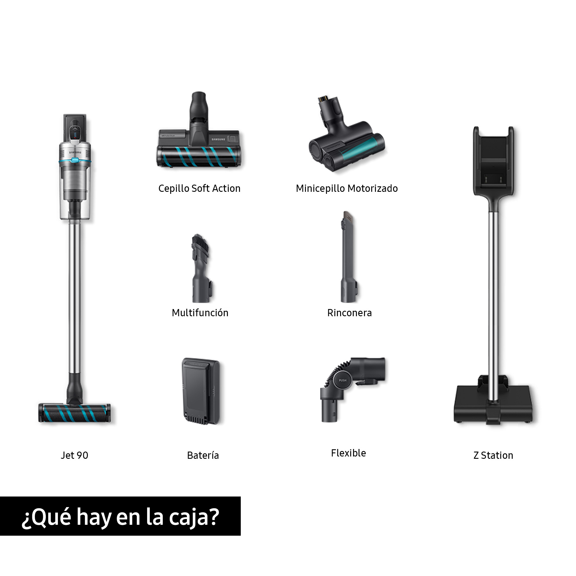 Accesorios de aspiradora y la unidad principal mostrados con etiquetas de texto y una pregunta.