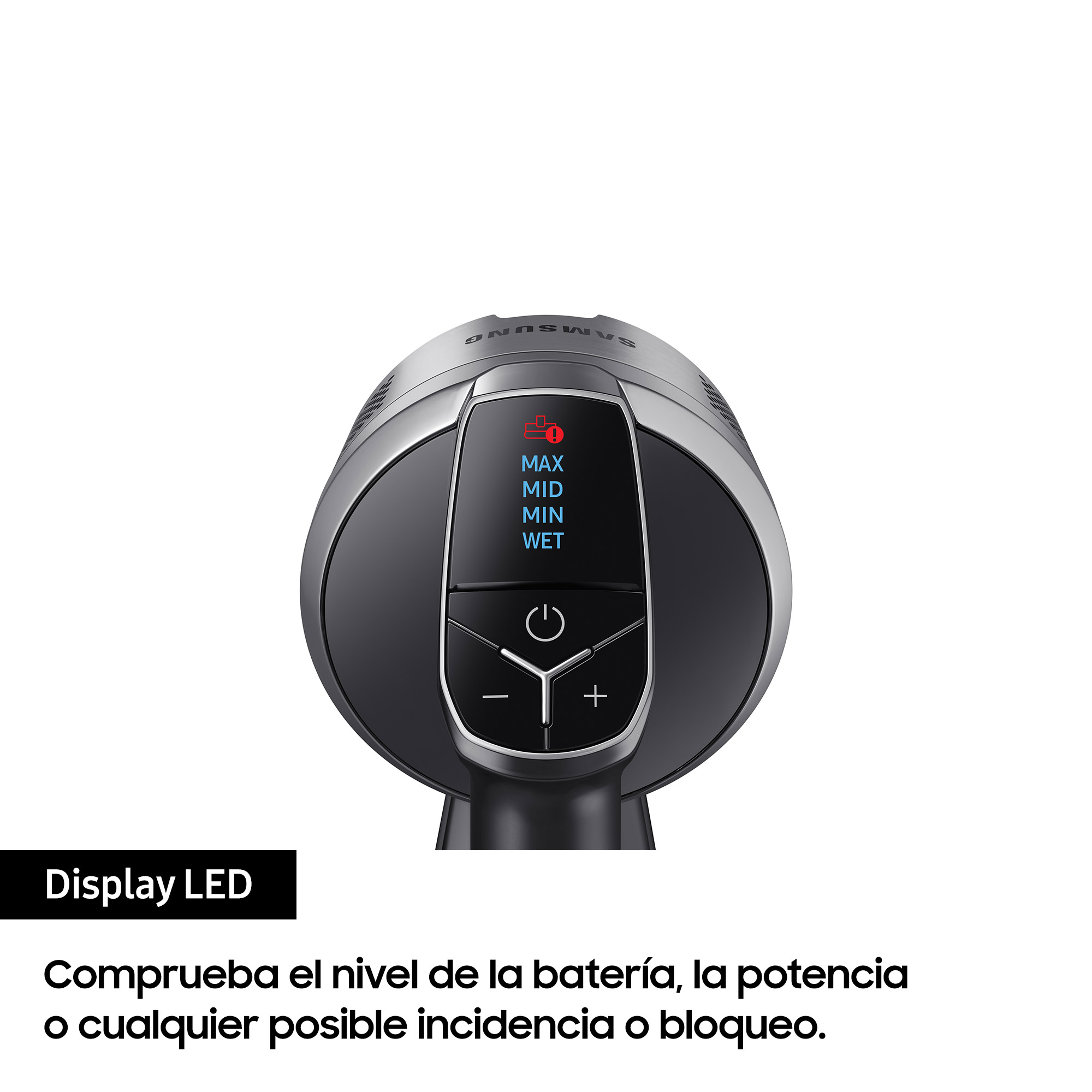 Panel de visualización de aspiradora. Muestra el nivel de batería, configuración de energía y otras advertencias.