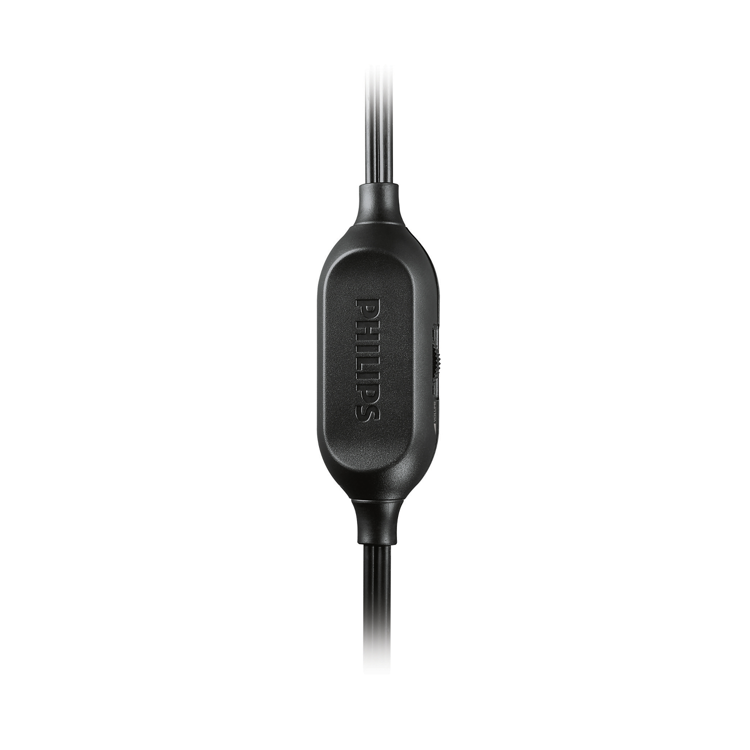 Un controllo del cavo audio Philips nero. Il controllo è ovale e presenta il logo Philips.
