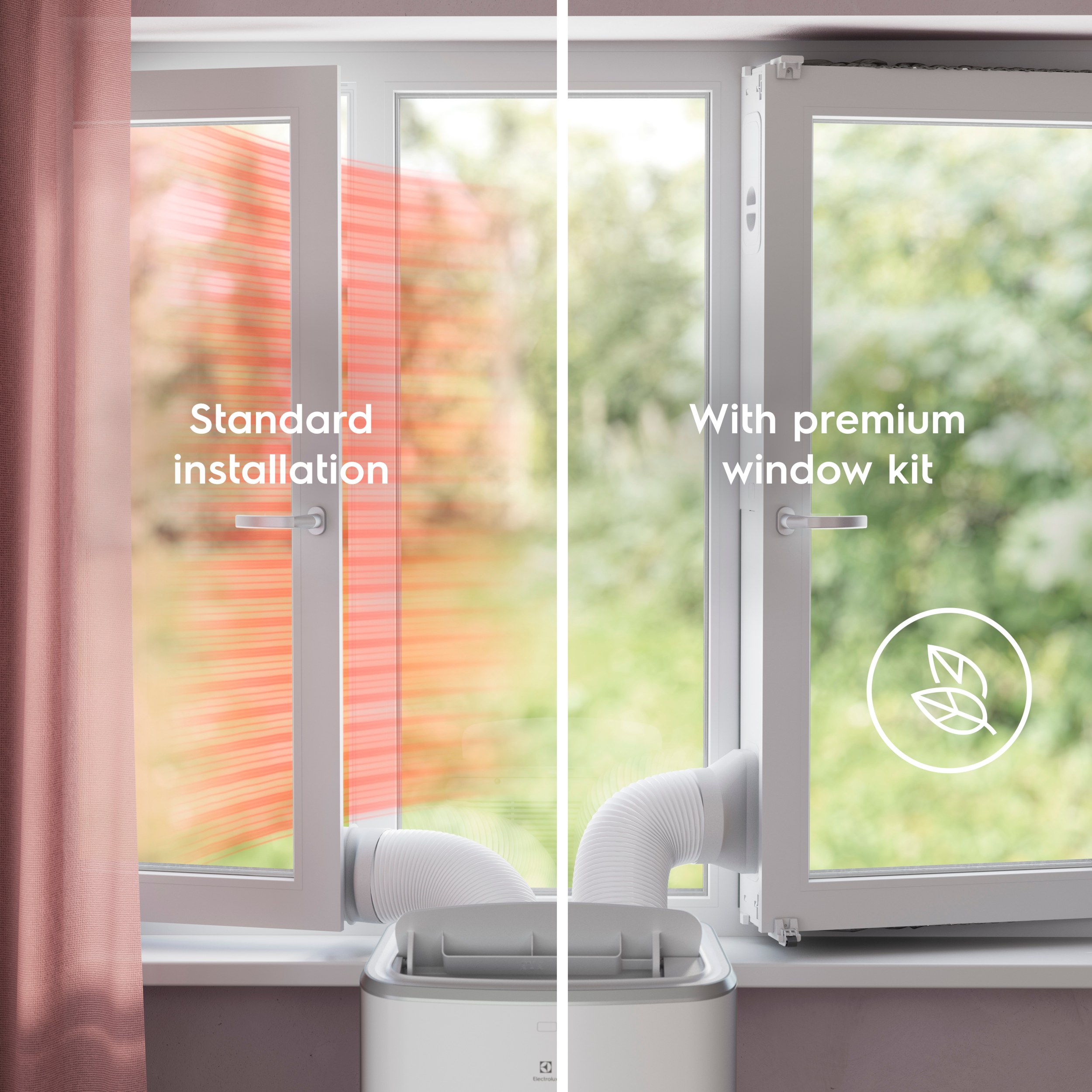 Fenster mit Klimaanlage, Standardinstallation vs. Premium-Fenstersatz, zeigt roten Luftstrom.