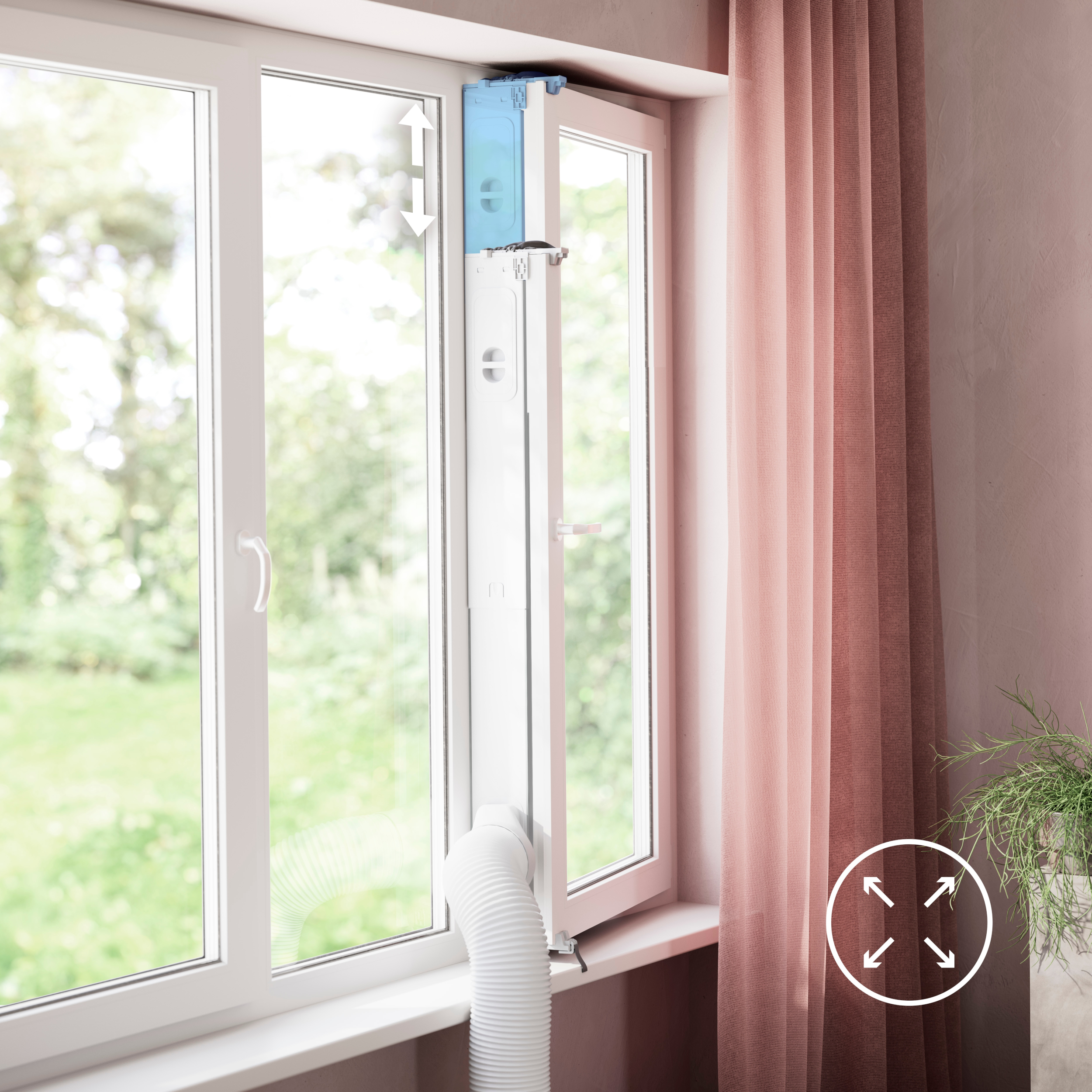 Ein weißes Fenster mit installiertem Klimagerät und einem rosa Vorhang.