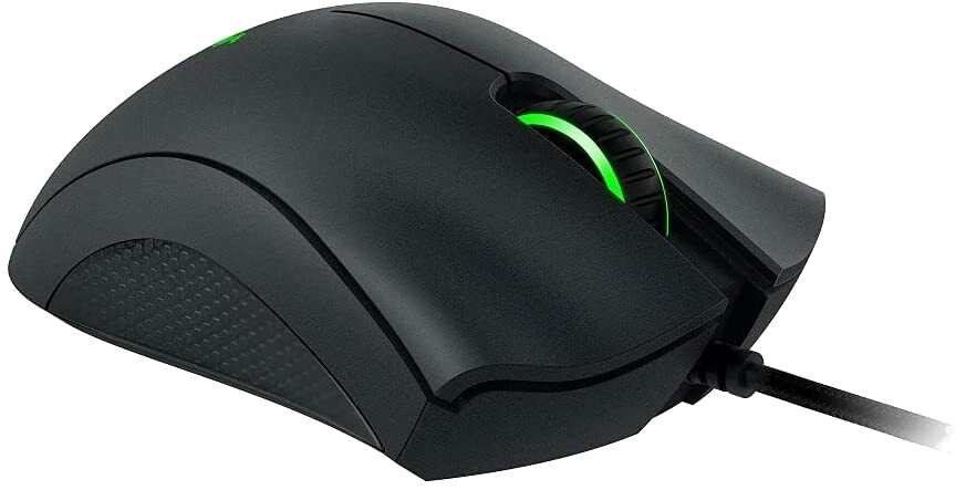 Egy fekete gamer egér zölden világító görgetőkerékkel és kábellel.