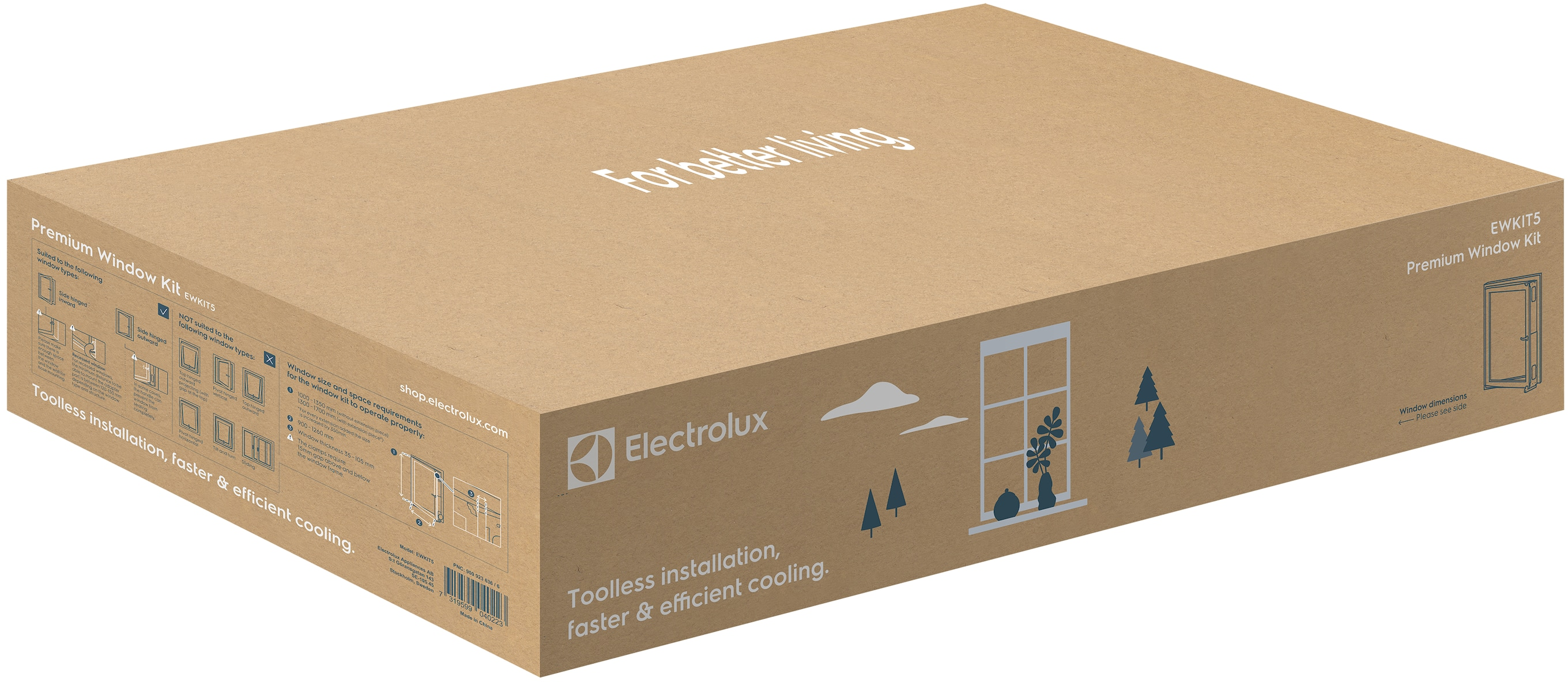 Eine braune Electrolux-Box mit Text und einem Fensterbild.