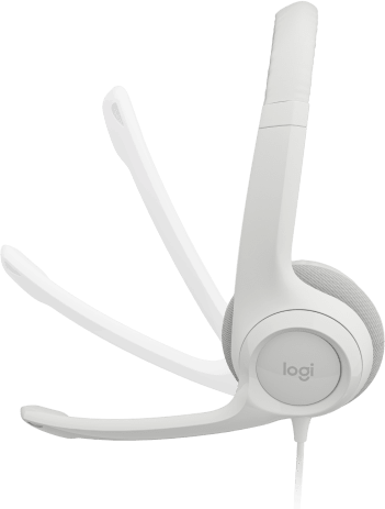 Egy fehér headset mikrofonnal. A mikrofon rugalmas. A márkalogó látható.