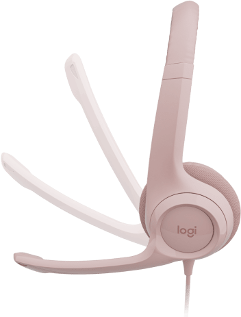 Rózsaszín headset mikrofonnal és Logi logóval fehér háttéren.